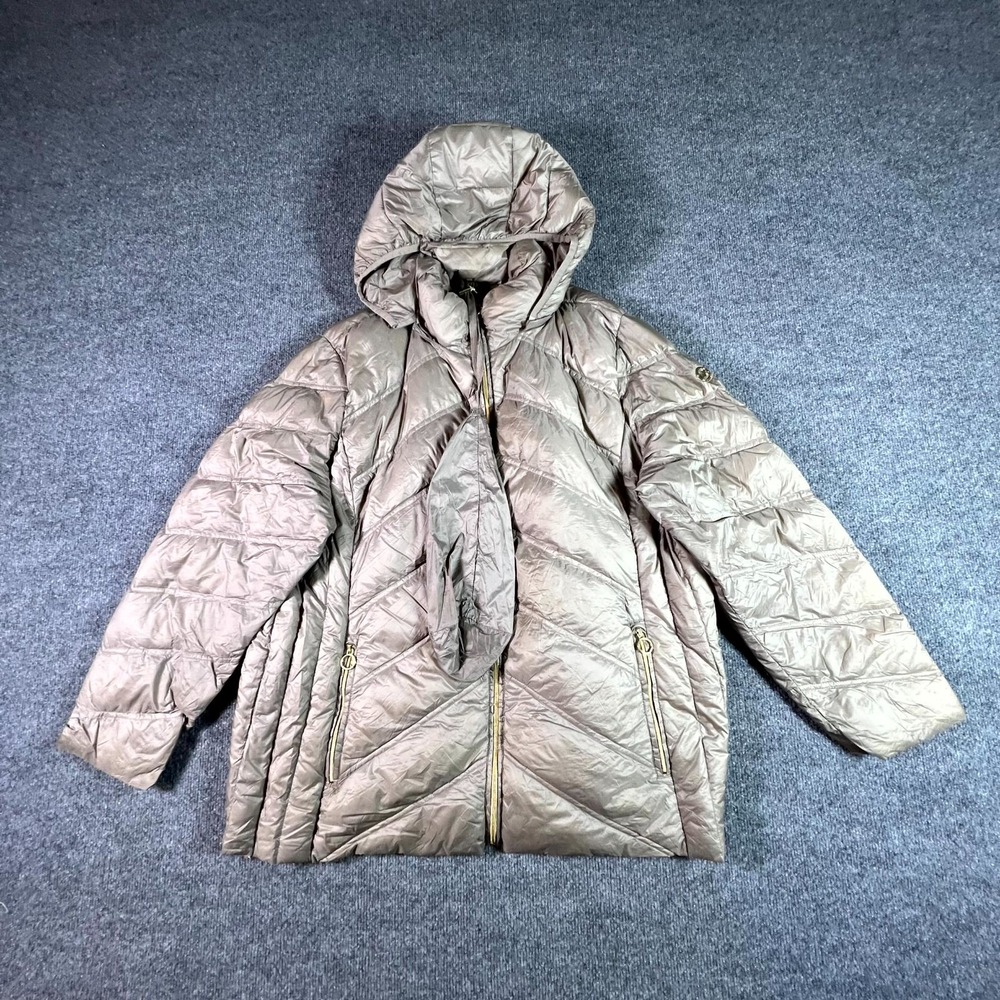 Michael Kors Puffer Jacket Women's 2X Taupe Beige Full Zip Hooded Packable Down